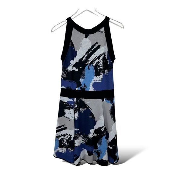 Milly Blue‎ Black Knit Abstract Print Halter Style Sleeveless Mini Dress Large - Picture 1 of 8